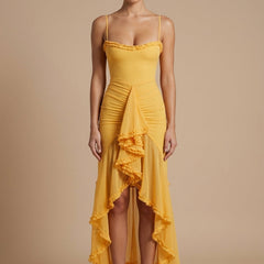 Women's Ruffled Maxi Dress | Elegant Sweetheart Neckline with Spaghetti Straps for Summer Events 0