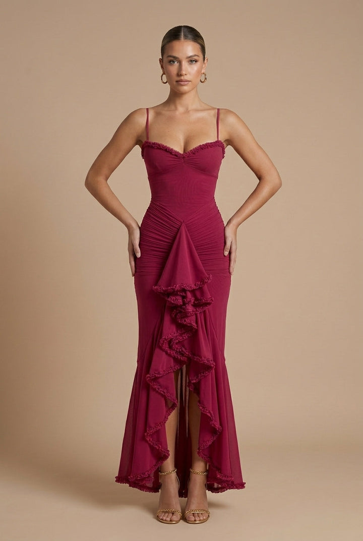 Women's Ruffled Maxi Dress | Elegant Sweetheart Neckline with Spaghetti Straps for Summer Events 5