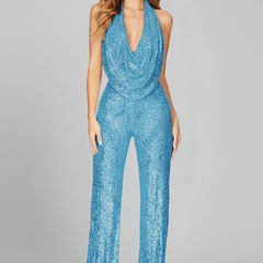 Women's Sequin Wide Leg Jumpsuit | Elegant Cowl-Neck Evening Outfit 0