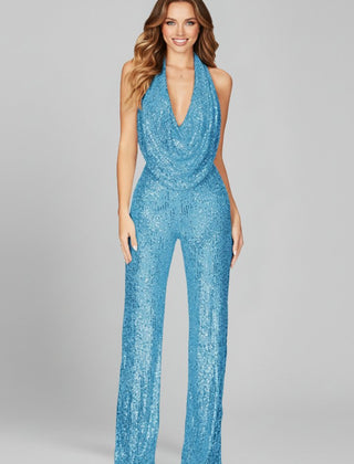 Women's Sequin Wide Leg Jumpsuit | Elegant Cowl-Neck Evening Outfit 0