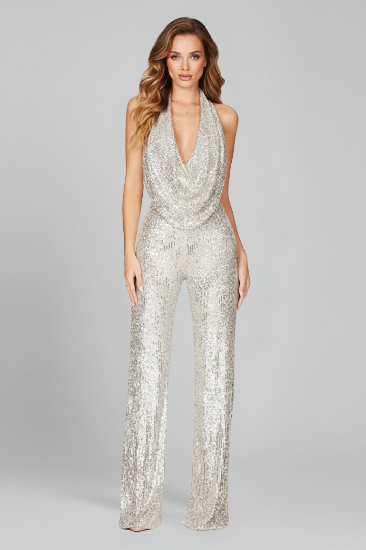 Women's Sequin Wide Leg Jumpsuit | Elegant Cowl-Neck Evening Outfit 3