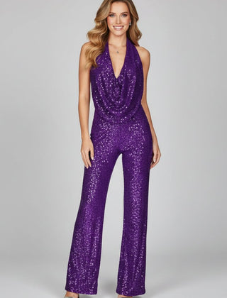 Women's Sequin Wide Leg Jumpsuit | Elegant Cowl-Neck Evening Outfit 5