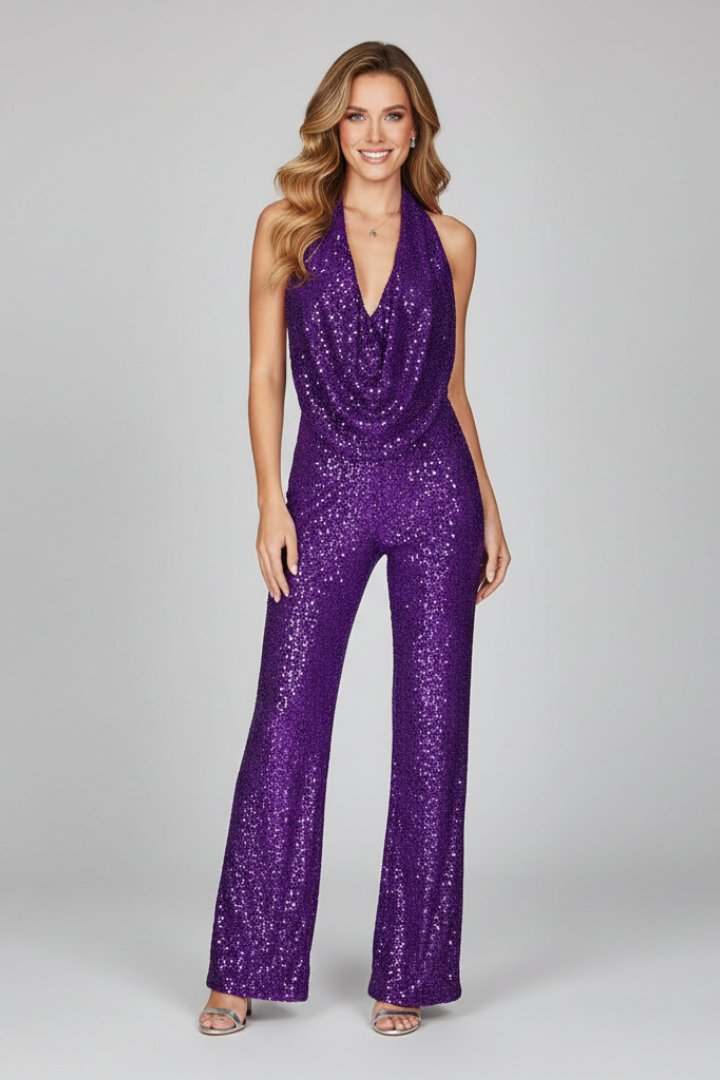Women's Sequin Wide Leg Jumpsuit | Elegant Cowl-Neck Evening Outfit 5