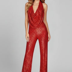 Women's Sequin Wide Leg Jumpsuit | Elegant Cowl-Neck Evening Outfit 7