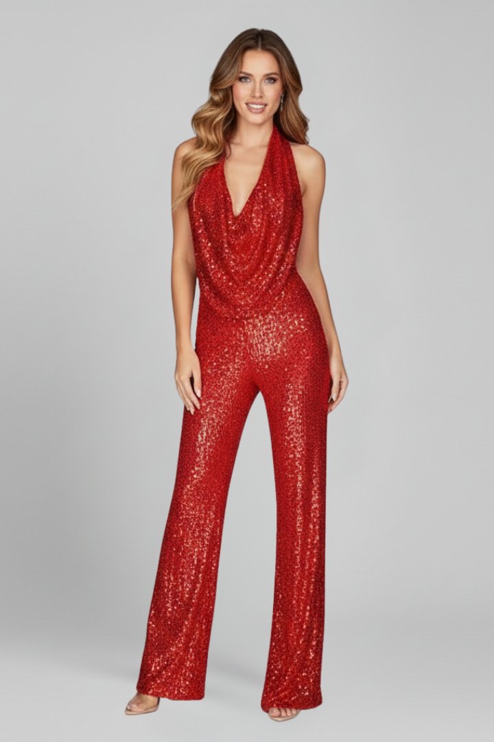 Women's Sequin Wide Leg Jumpsuit | Elegant Cowl-Neck Evening Outfit 7