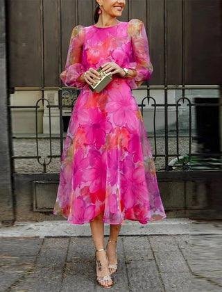 Women's Sheer Floral Midi Dress | Elegant A-Line Summer Gown with Long Sleeves 0