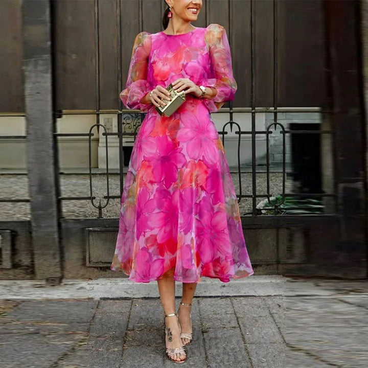 Women's Sheer Floral Midi Dress | Elegant A-Line Summer Gown with Long Sleeves 0