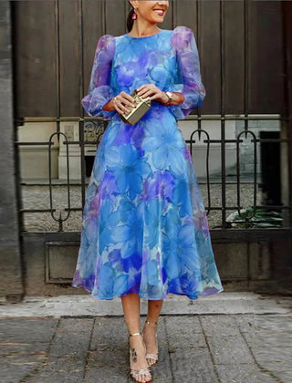 Women's Sheer Floral Midi Dress | Elegant A-Line Summer Gown with Long Sleeves 1