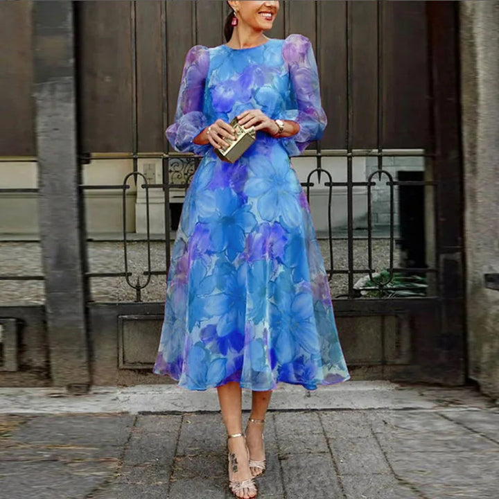 Women's Sheer Floral Midi Dress | Elegant A-Line Summer Gown with Long Sleeves 1