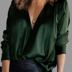 Women's Silk Blouse | Elegant Deep V-Neck Long Sleeve Top | Fluid Satin Plus Size 0