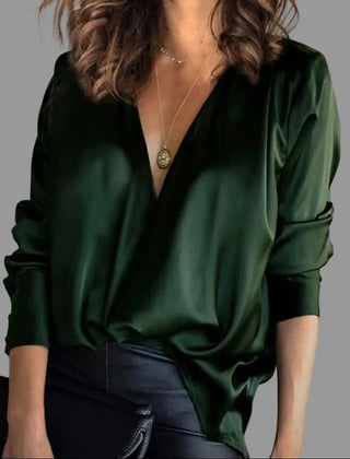 Women's Silk Blouse | Elegant Deep V-Neck Long Sleeve Top | Fluid Satin Plus Size 0