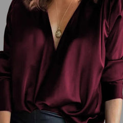 Women's Silk Blouse | Elegant Deep V-Neck Long Sleeve Top | Fluid Satin Plus Size 1