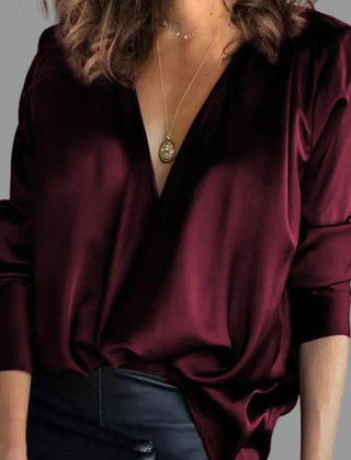 Women's Silk Blouse | Elegant Deep V-Neck Long Sleeve Top | Fluid Satin Plus Size 1