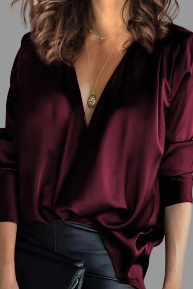 Women's Silk Blouse | Elegant Deep V-Neck Long Sleeve Top | Fluid Satin Plus Size 1