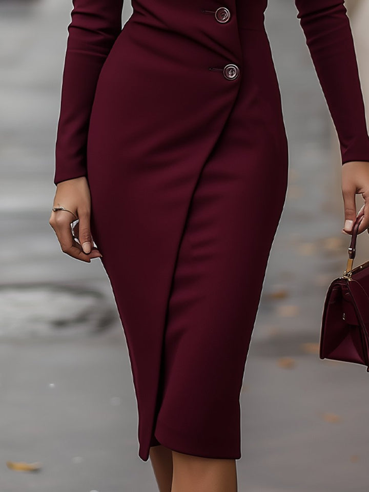 Women's Smooth Bodycon Midi Dress | Elegant V-Neck Long Sleeve Cocktail Dress 2