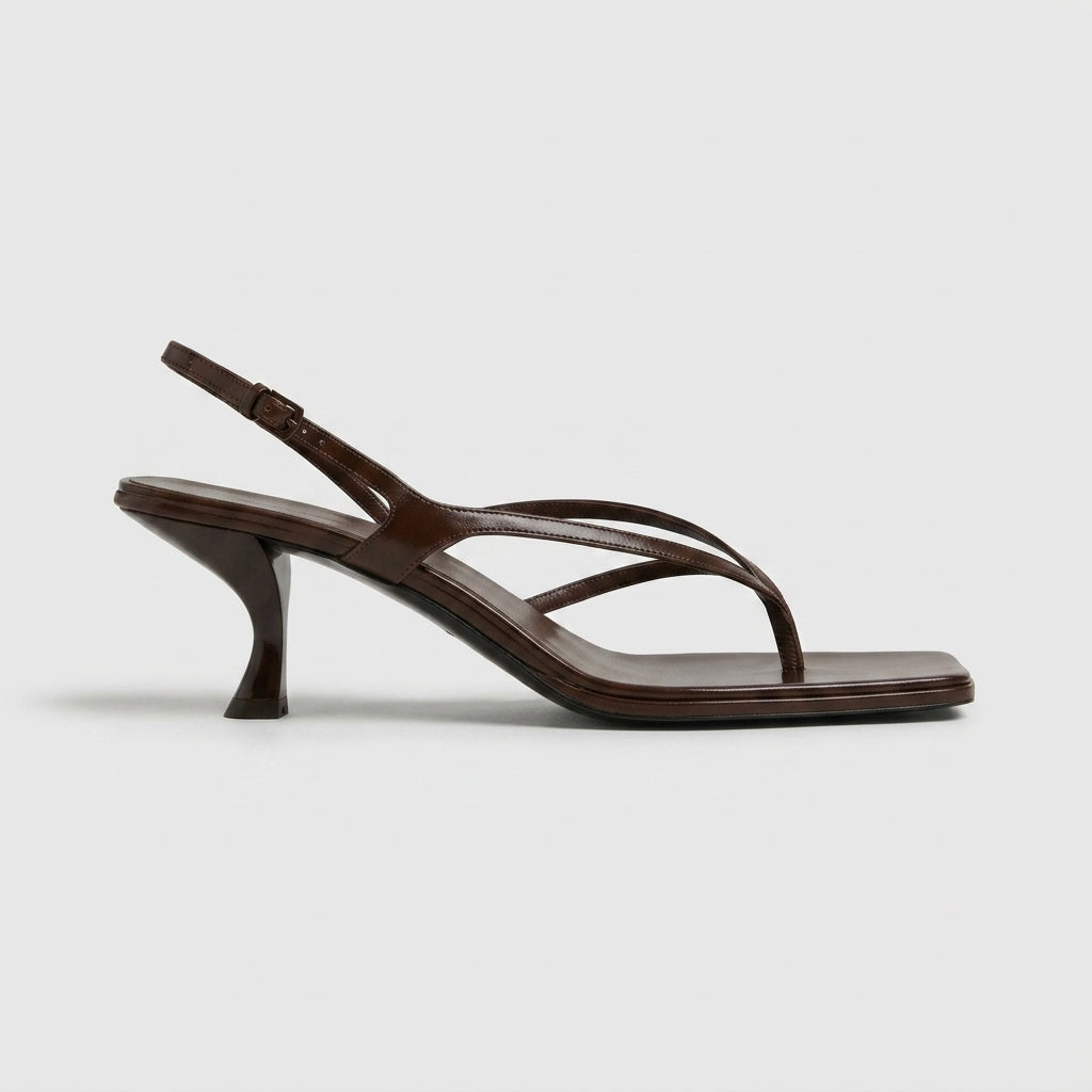 Women's Smooth Leather Kitten Heels | Elegant Square Toe Thong Sandals 0