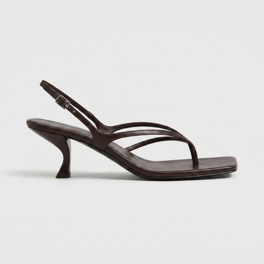 Women's Smooth Leather Kitten Heels | Elegant Square Toe Thong Sandals 3