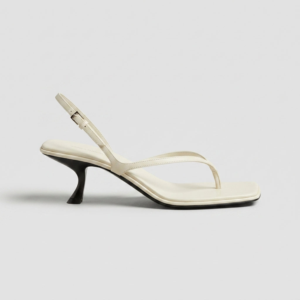 Women's Smooth Leather Kitten Heels | Elegant Square Toe Thong Sandals 4