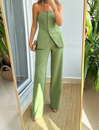 Women's Smooth Suit Set | Elegant Strapless Waistcoat & Wide-Leg Trousers 0