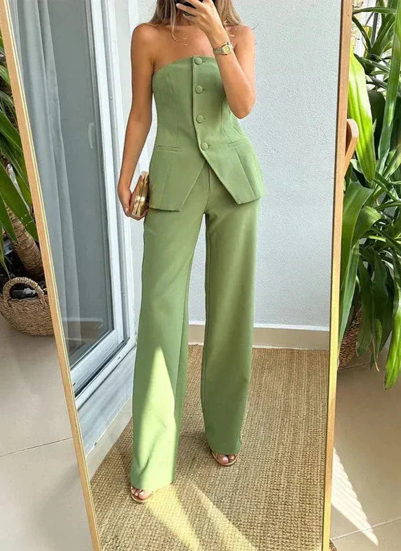Women's Smooth Suit Set | Elegant Strapless Waistcoat & Wide-Leg Trousers 0