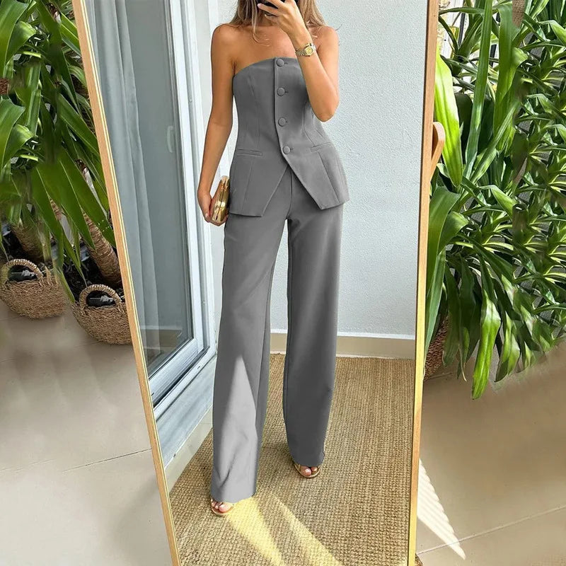 Women's Smooth Suit Set | Elegant Strapless Waistcoat & Wide-Leg Trousers 2