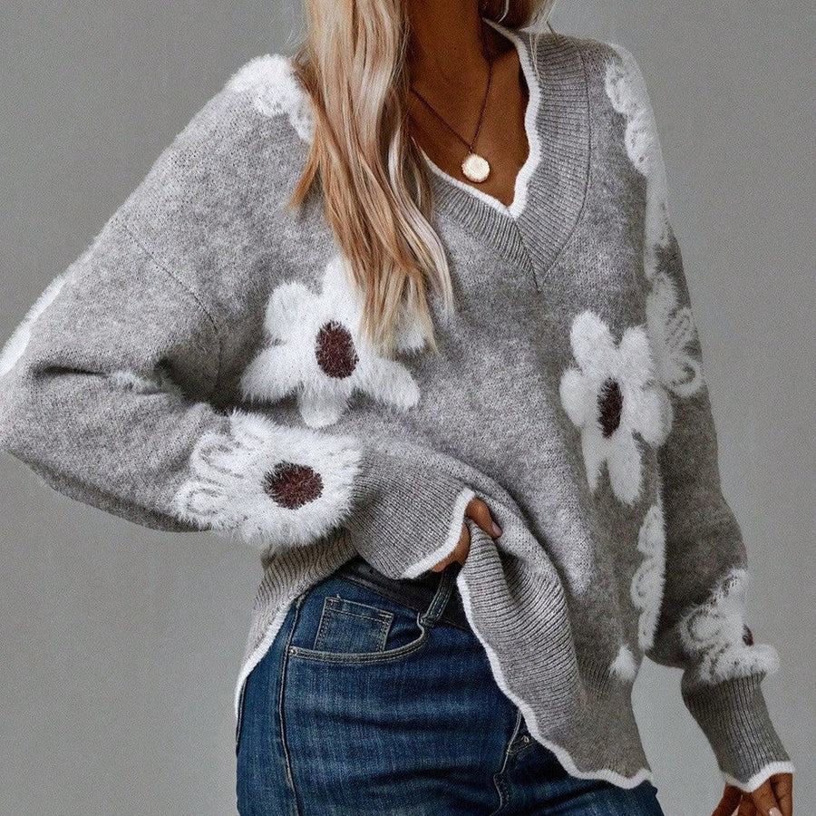 Women's Soft Floral Applique Sweater | Relaxed V-Neck with Balloon Sleeves | Charming Casual Knit 0