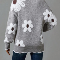 Women's Soft Floral Applique Sweater | Relaxed V-Neck with Balloon Sleeves | Charming Casual Knit 1