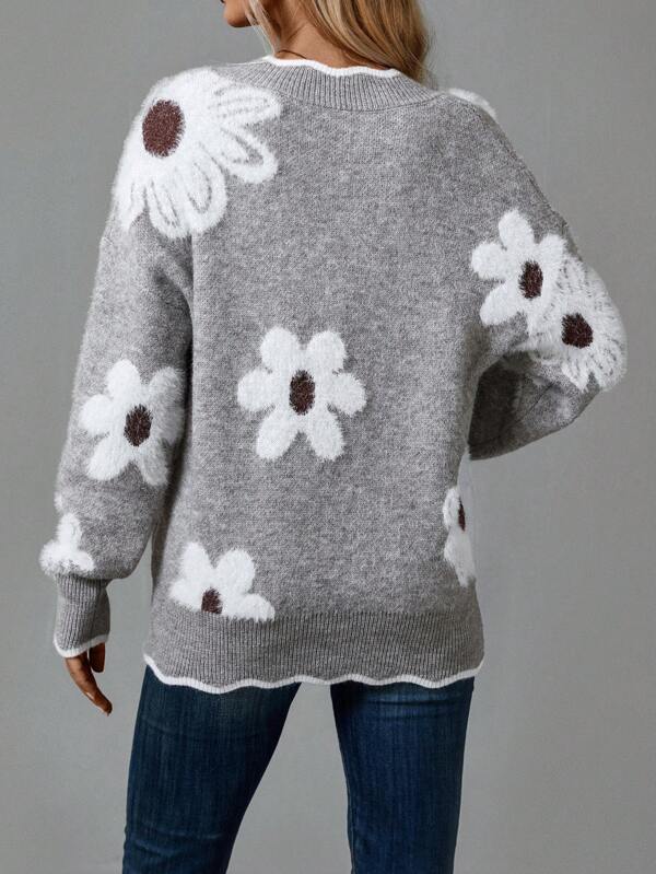 Women's Soft Floral Applique Sweater | Relaxed V-Neck with Balloon Sleeves | Charming Casual Knit 1