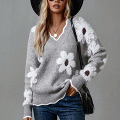 Women's Soft Floral Applique Sweater | Relaxed V-Neck with Balloon Sleeves | Charming Casual Knit 2