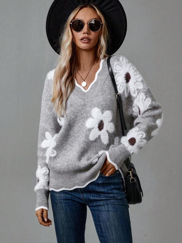 Women's Soft Floral Applique Sweater | Relaxed V-Neck with Balloon Sleeves | Charming Casual Knit 2