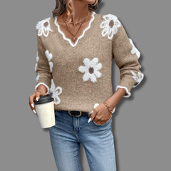 Women's Soft Floral Applique Sweater | Relaxed V-Neck with Balloon Sleeves | Charming Casual Knit 3