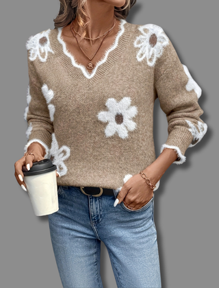 Women's Soft Floral Applique Sweater | Relaxed V-Neck with Balloon Sleeves | Charming Casual Knit 3