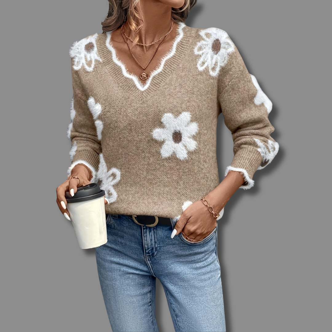 Women's Soft Floral Applique Sweater | Relaxed V-Neck with Balloon Sleeves | Charming Casual Knit 3