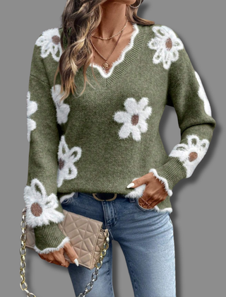 Women's Soft Floral Applique Sweater | Relaxed V-Neck with Balloon Sleeves | Charming Casual Knit 4
