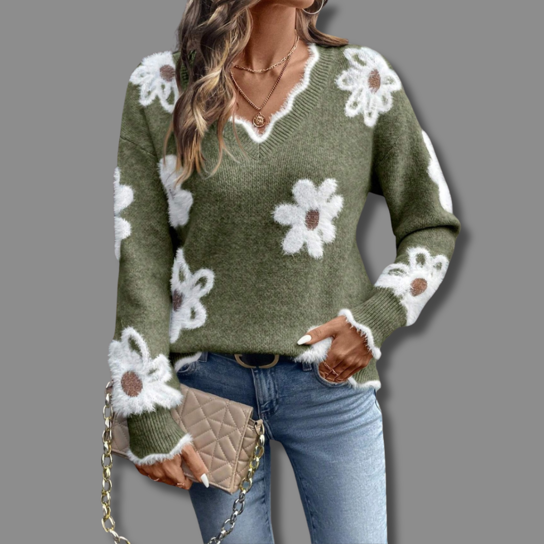Women's Soft Floral Applique Sweater | Relaxed V-Neck with Balloon Sleeves | Charming Casual Knit 4