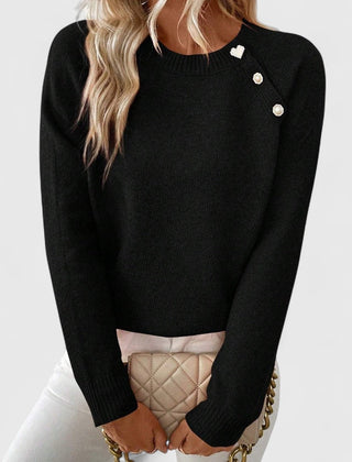 Women's Soft Knit Crew Neck Sweater | Elegant Button Detail | Flattering Medium-Weight Knit 0
