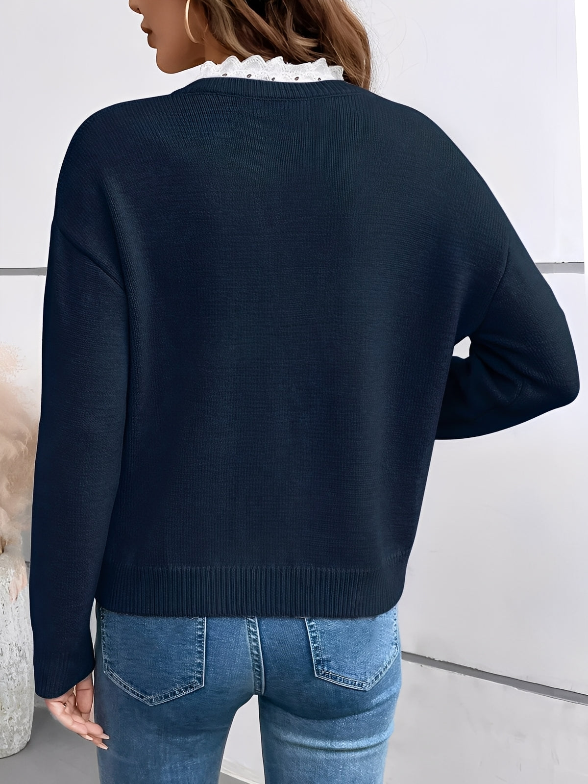 Women's Soft Knit Sweater | Elegant Lace Trim V-Neck Pullover for All Seasons 2