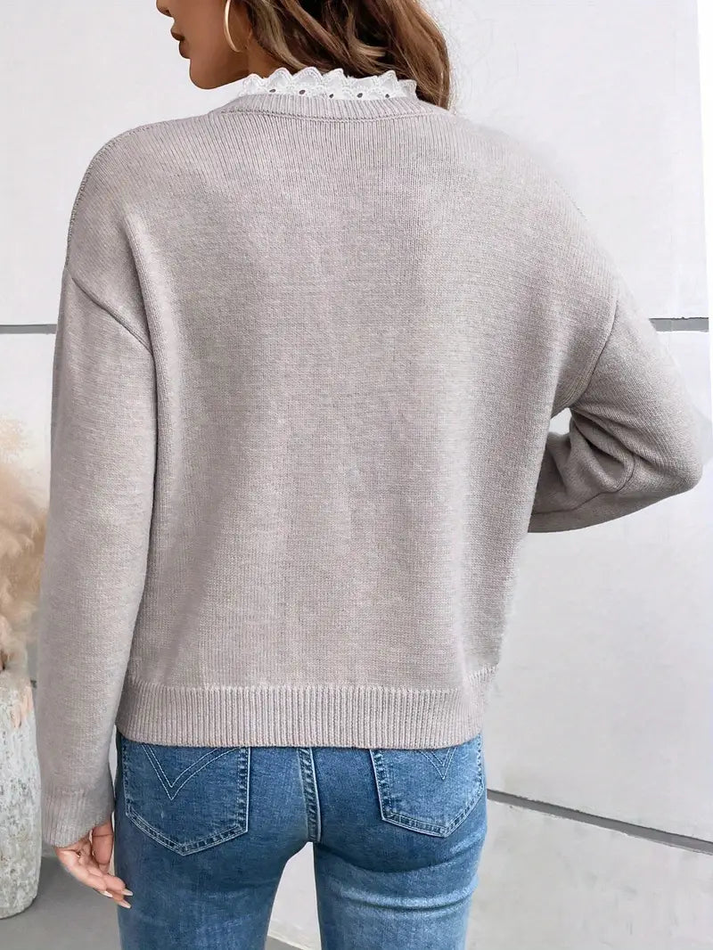 Women's Soft Knit Sweater | Elegant Lace Trim V-Neck | Comfortable Relaxed Fit 4