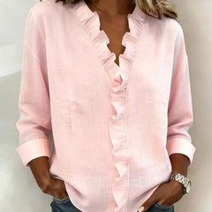 Women's Soft Linen Blouse | Elegant Ruffle Trim Summer Top | Relaxed Fit Long Sleeve Blouse 0