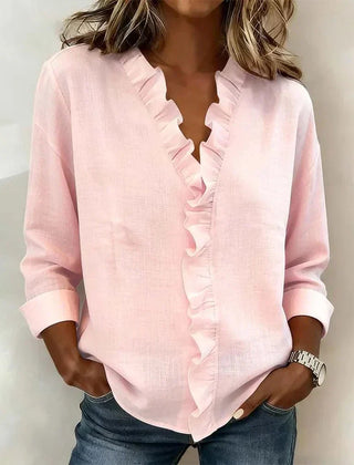 Women's Soft Linen Blouse | Elegant Ruffle Trim Summer Top | Relaxed Fit Long Sleeve Blouse 0