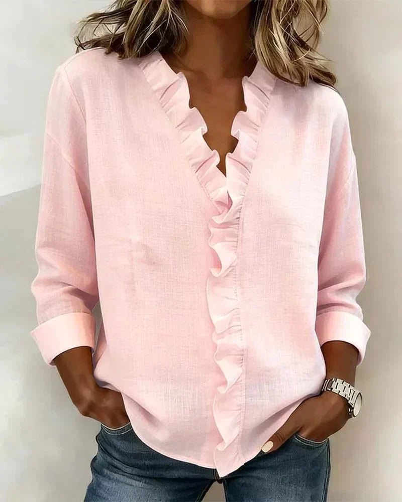 Women's Soft Linen Blouse | Elegant Ruffle Trim Summer Top | Relaxed Fit Long Sleeve Blouse 0
