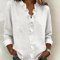 Women's Soft Linen Blouse | Elegant Ruffle Trim Summer Top | Relaxed Fit Long Sleeve Blouse 1