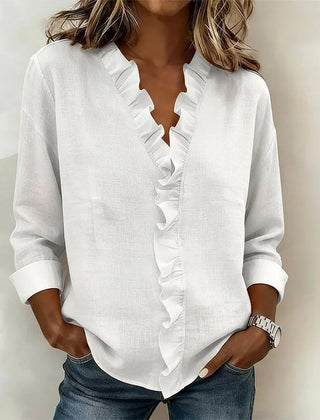 Women's Soft Linen Blouse | Elegant Ruffle Trim Summer Top | Relaxed Fit Long Sleeve Blouse 1