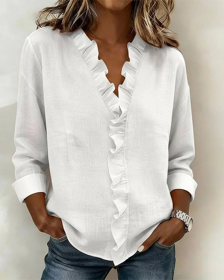 Women's Soft Linen Blouse | Elegant Ruffle Trim Summer Top | Relaxed Fit Long Sleeve Blouse 1