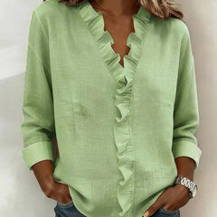 Women's Soft Linen Blouse | Elegant Ruffle Trim Summer Top | Relaxed Fit Long Sleeve Blouse 2