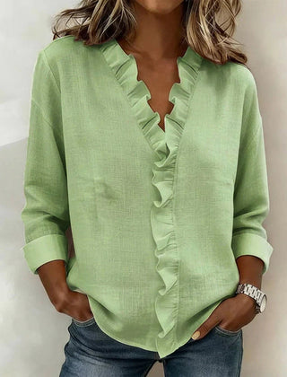 Women's Soft Linen Blouse | Elegant Ruffle Trim Summer Top | Relaxed Fit Long Sleeve Blouse 2