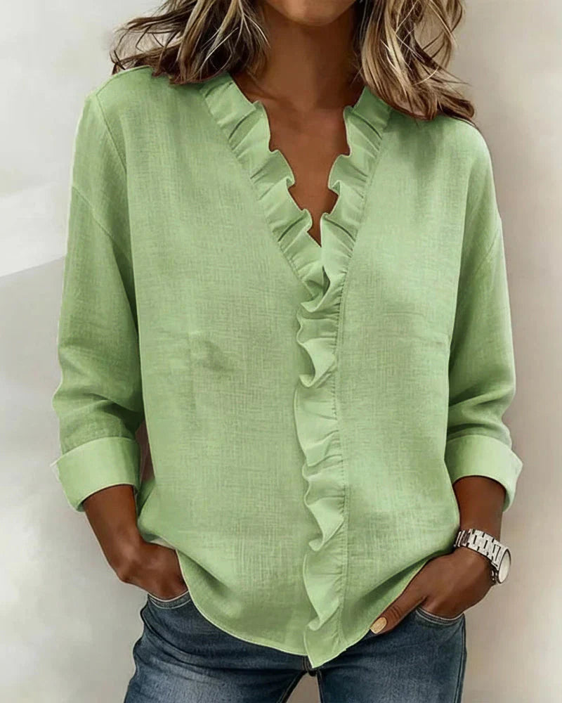 Women's Soft Linen Blouse | Elegant Ruffle Trim Summer Top | Relaxed Fit Long Sleeve Blouse 2