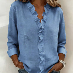 Women's Soft Linen Blouse | Elegant Ruffle Trim Summer Top | Relaxed Fit Long Sleeve Blouse 3