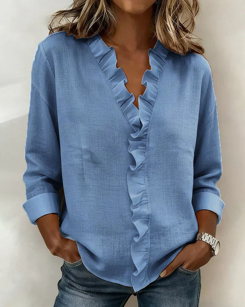 Women's Soft Linen Blouse | Elegant Ruffle Trim Summer Top | Relaxed Fit Long Sleeve Blouse 3