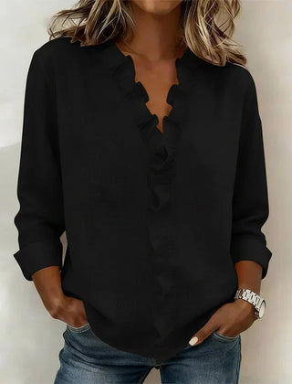 Women's Soft Linen Blouse | Elegant Ruffle Trim Summer Top | Relaxed Fit Long Sleeve Blouse 4